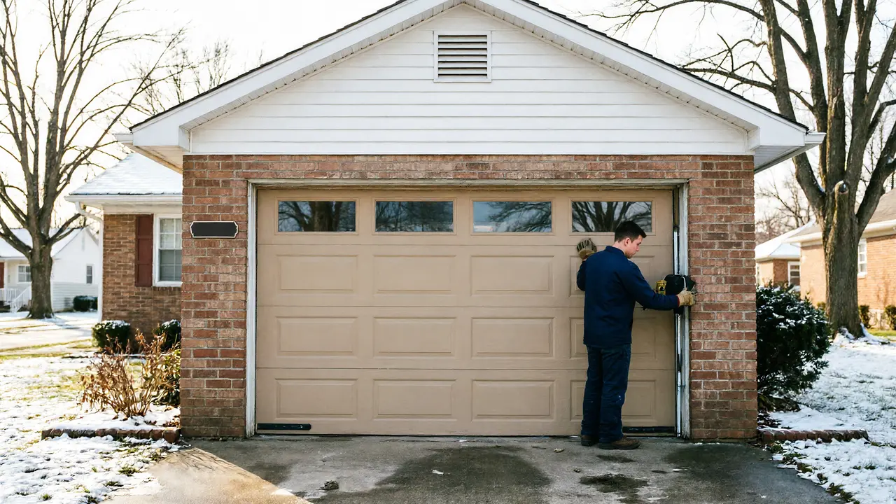 A technician works on a tan garage door of a brick house in winter.