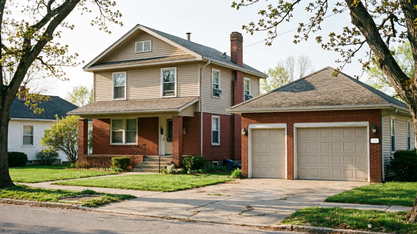 A two-story house with a detached two-car garage.