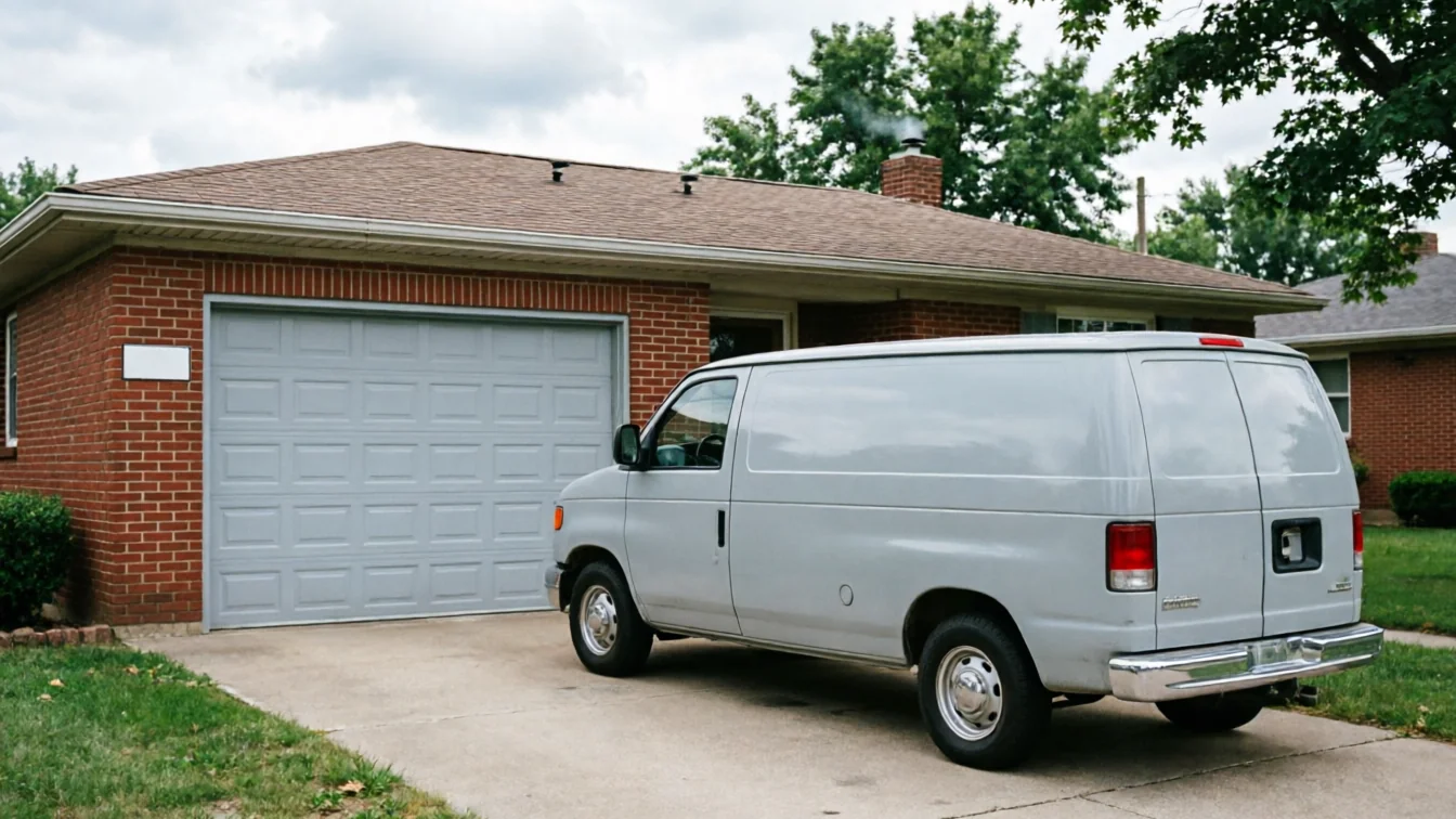 A gray service van is parked in a driveway in front of a brick house with a gray garage door.