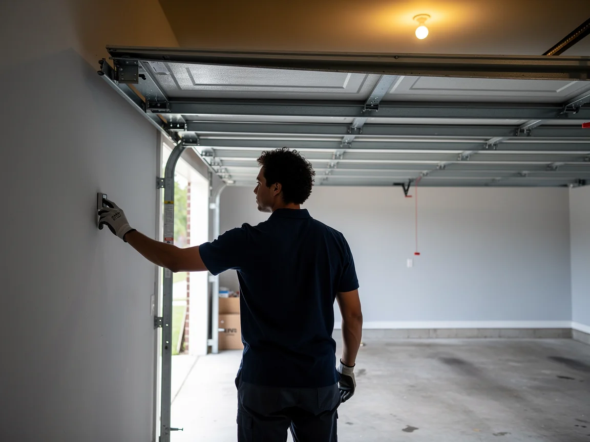 A technician in a blue shirt and gloves installs a wall button for a garage door.