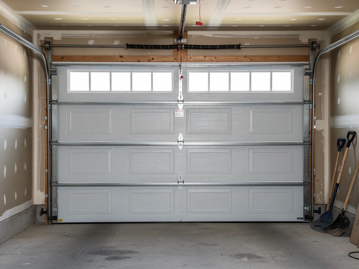 A closed white garage door with windows is inside a garage.