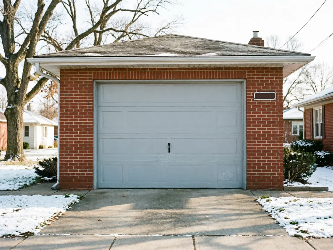 A light gray garage door is on a red brick garage with snow on the ground.
